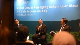 Bernardus Irmanto memberikan kata sambutan usai terpilih sebagai Presiden Direktur dan CEO PT Vale pada RUPSLB, di Jakarta Senin, (28/07/25)