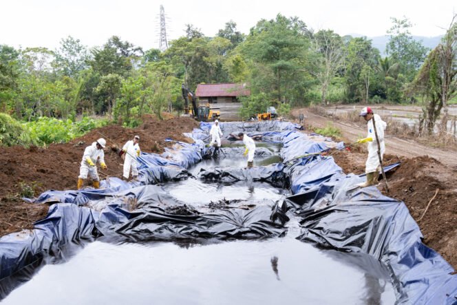 
					Minyak ditampung di kolam terpal 