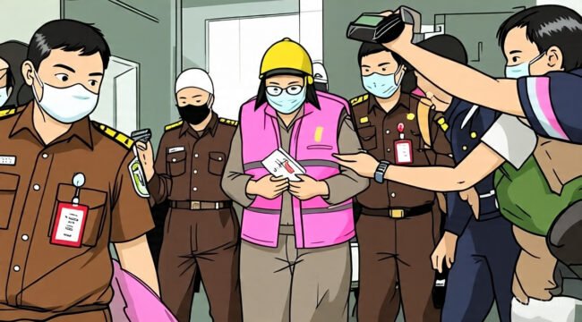Ilustrasi, koruptor digelandang oleh petugas dalam sorot kamera jurnalis.