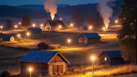 Ilustrasi pedesaan dengan penerangan lampu. (AI)