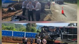 Satlantas Polres Luwu Timur melakukan olah TKP lakalantas Bus di Desa Laskap, Kecamatan Malili, Senin, 29 Desember 2025