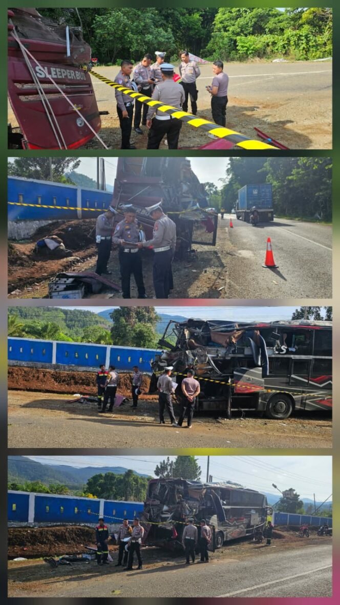 
					Satlantas Polres Luwu Timur melakukan olah TKP lakalantas Bus di Desa Laskap, Kecamatan Malili, Senin, 29 Desember 2025